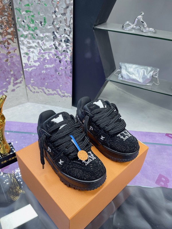 2025 Women Louis Vuitton Black Crystal Trainer Leather Plimsolls Bing Bing AS00420