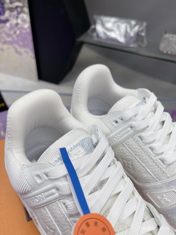 2025 Unisex Louis Vuitton White Leather Denim Trainers With Beads AS00400