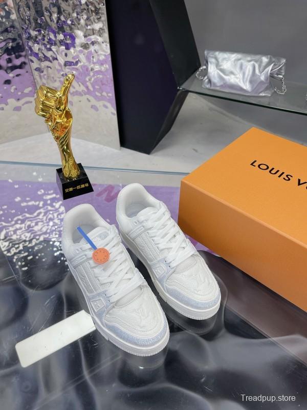 2025 Unisex Louis Vuitton White Leather Denim Trainers With Beads AS00400