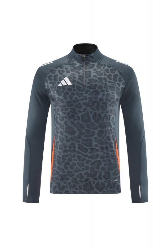 2025 Adidas Dark Grey & Black with Leopard Print Pattern and Orange Accents Half Zipper Jacket +Long Pants