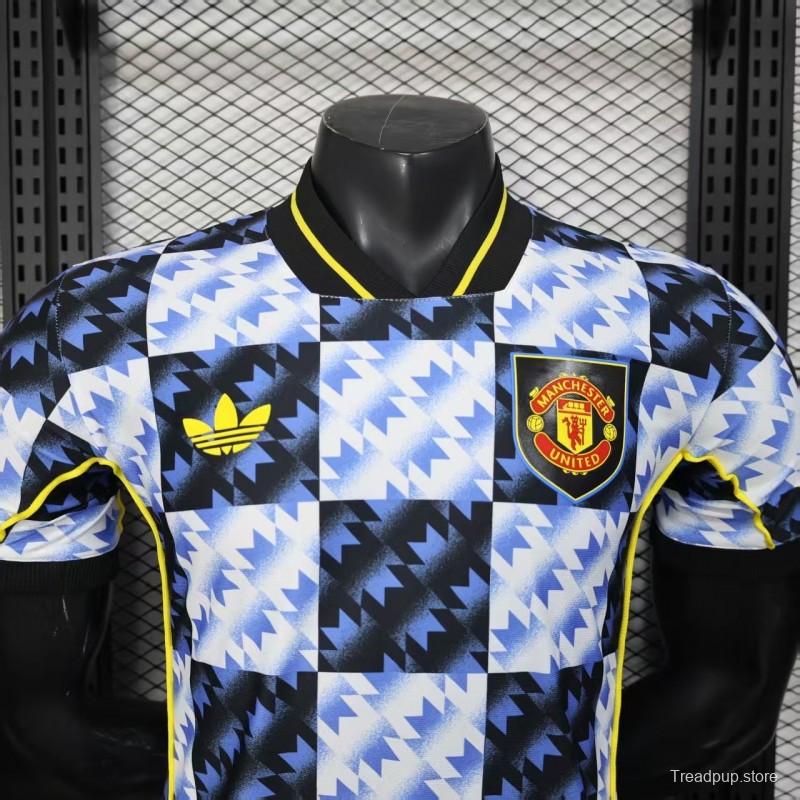 25/26 Player Version  Manchester United Blue and Black with Checkerboard Houndstooth Pattern Jersey