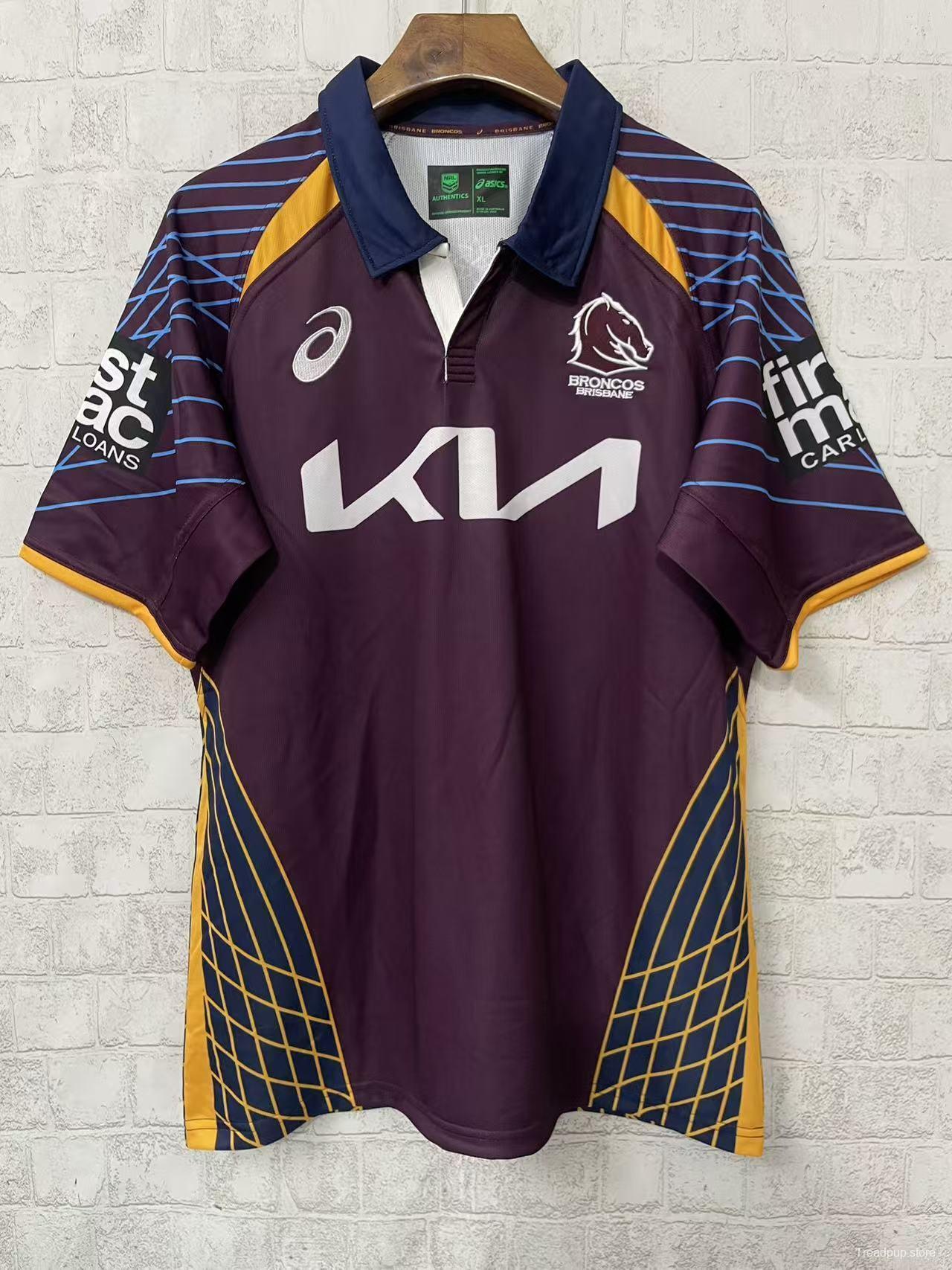 25/26 Brisbane Broncos Maroon with Blue Striped Sleeves and Gold Geometric Jersey