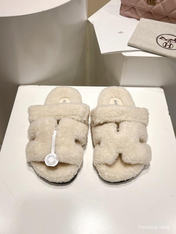 H Love Erjiu Full Wool Slippers with Wavy Fur Design - LY00270