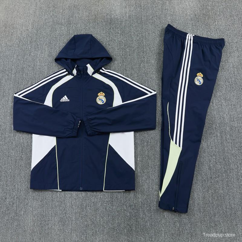 26/27 Real Madrid Navy Blue Full Zipper Hooded Windbreaker Tracksuit + Long Pants