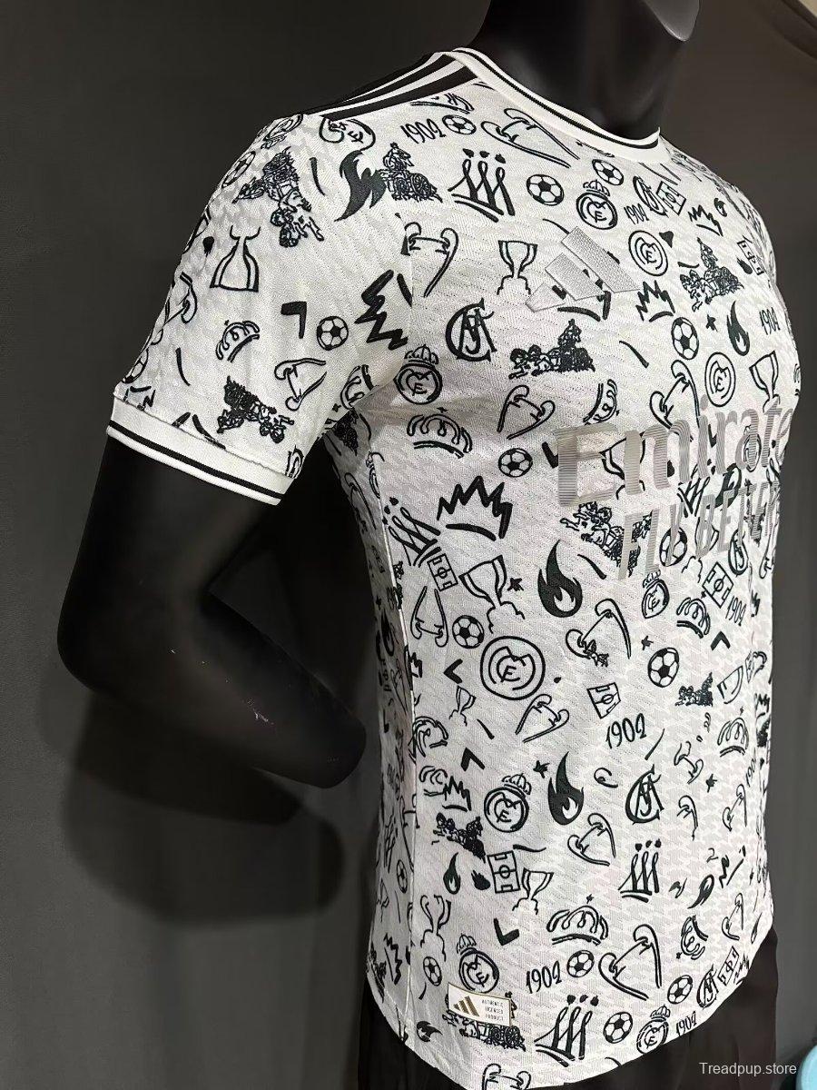 Player Version 25/26 Real Madrid White with Football Icons Pattern Jersey