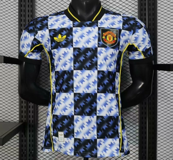 25/26 Player Version  Manchester United Blue and Black with Checkerboard Houndstooth Pattern Jersey