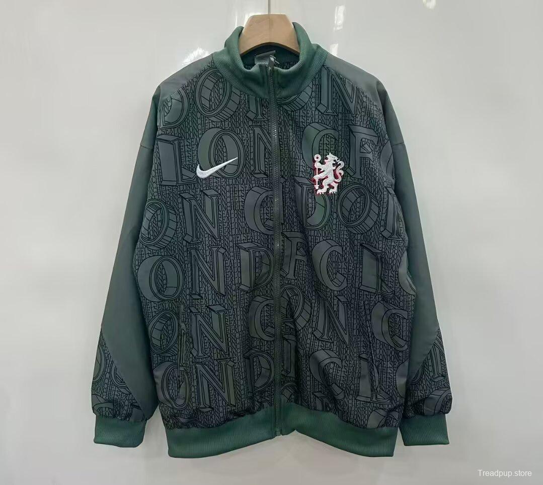 25/26 Chelsea FC Green with All-Over London Text Pattern Full Zipper Windbreaker